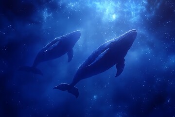 Fototapeta premium Two Whales Swimming in the Deep Blue Ocean, Under a Starry Sky.