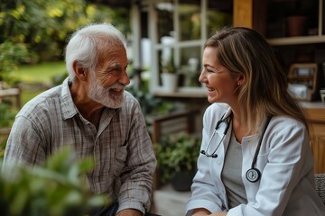 An older man receives compassionate at-home medical care from a smiling healthcare professional in a tranquil outdoor setting