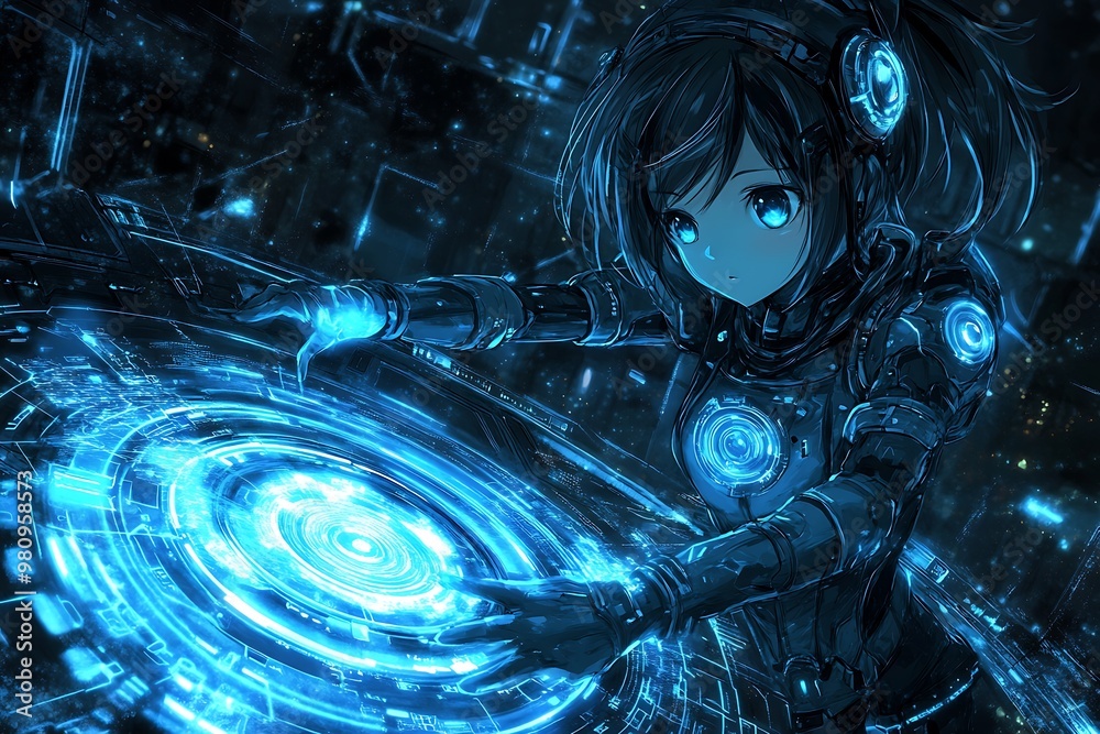 Canvas Prints Futuristic Anime Girl Interacting With Holographic Interface.