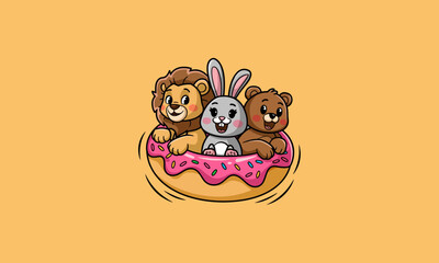 Cartoon lion, rabbit, and bear having fun in a giant donut