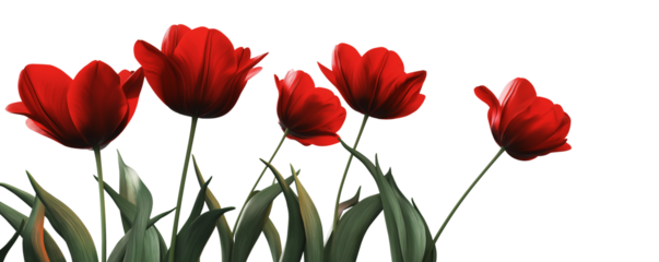 Transparent PNG image of elegant red tulips with deep green stems and leaves