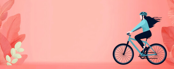 Obraz premium A stylish woman riding a bicycle against a soft pink background, embodying relaxation and a love for outdoor activities.