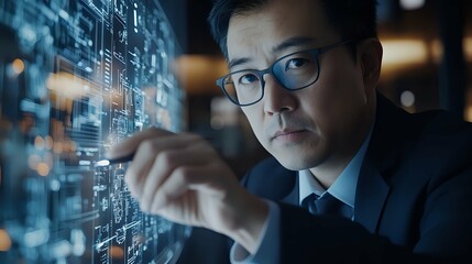 Asian Businessman Working on a Touchscreen Computer