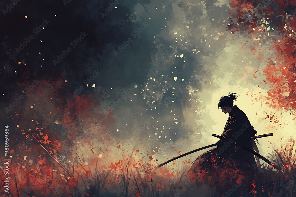 Poster Silhouette of a Samurai in a Forest with Falling Leaves.