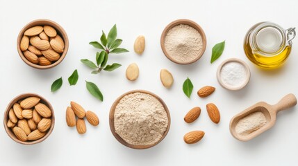 A collection of almond-based products including whole almonds, almond flour, and almond oil, arranged neatly on a white background for a clean, organized look.