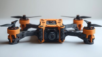 Naklejka premium A drone with an orange frame and camera, designed for aerial photography.