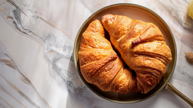 Croissant quentinho, novo, sa&iacute;do do forno, em uma bandeja sobre uma bancada de m&aacute;rmore branco com veios finos. Comida, padarias, panificadora, cafeteria francesa. 