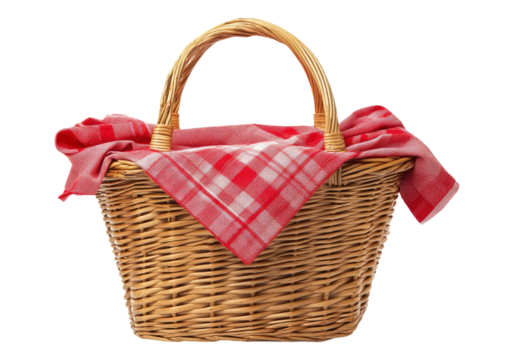 Picnic basket with red napkin. Transparent background, Isolated PNG.
