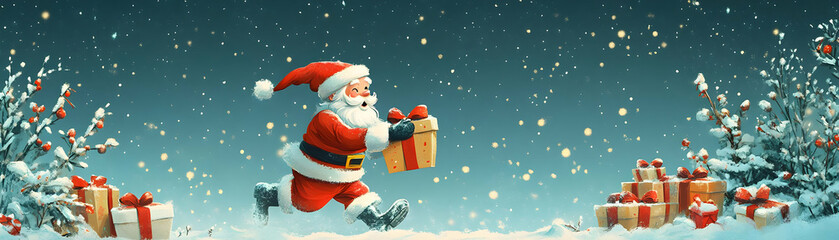 Obraz premium Santa's Sustainable Gift Exchange: Playful Cartoon Design of Santa with Eco-Friendly Gifts in a Vibrant Seamless Background � Perfect for Promotions!