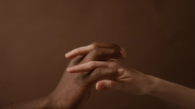 Close up view of hands of unrecognisable Caucasian woman and Black man reaching to each other and slowly connecting in lock on solid brown background