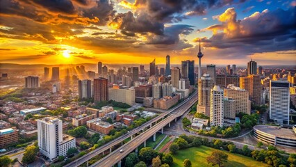 Obraz premium Panoramic view of modern Johannesburg cityscape at sunset, with towering skyscrapers, bustling streets, and iconic