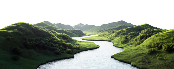Transparent PNG image of river valley with meandering river and rolling hills