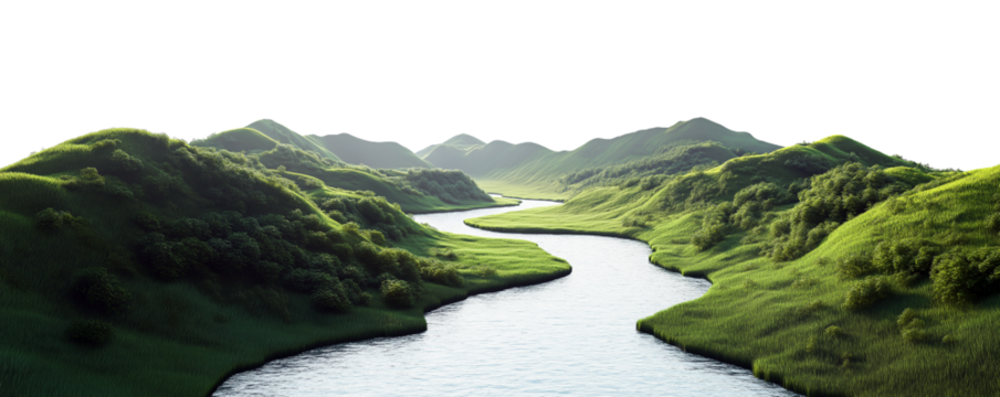 Transparent PNG image of river valley with meandering river and rolling hills