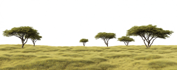 Transparent PNG image of a wide savanna grassland with scattered acacia trees and a distant horizon