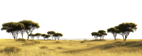 Transparent PNG image of a wide savanna grassland with scattered acacia trees and a distant horizon