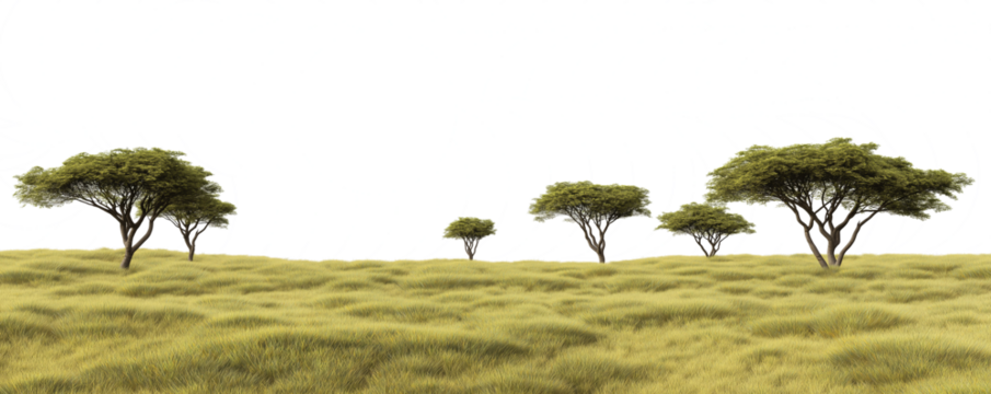 Transparent PNG image of a wide savanna grassland with scattered acacia trees and a distant horizon