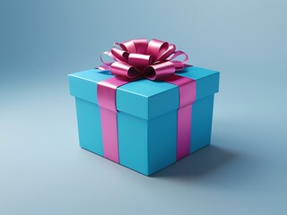 Obraz premium Blue gift box with satin ribbon on a light blue background