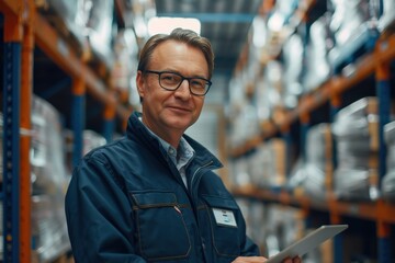 Title: Warehouse Manager Conducts Inventory Check in Aisle 