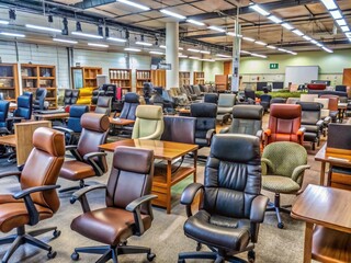 Pre-owned office chairs and desks are neatly arranged in a second-hand furniture store, with affordable prices and