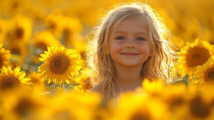 Fototapeta premium Smiling Child Among Bright Sunflowers in Field