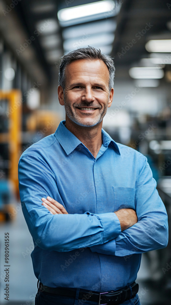 Poster portrait of a manager smiling and posing with crossed arms in a factory, standing amidst the product