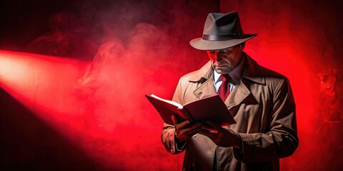 Mysterious detective reading in red shadows, detective, mysterious, reading, red shadows, investigation, clues, thriller