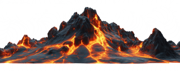 Transparent PNG volcanic landscape with active lava flows and rugged terrain