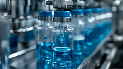 Machinery fills glass containers with a blue liquid droplet under sterile conditions