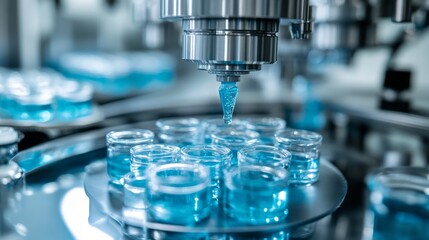 Machinery fills glass containers with a blue liquid droplet under sterile conditions