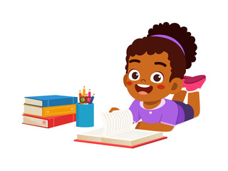 little kid reading a book while lying on stomach on the floor
