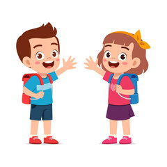 little kid wearing backpack and ready to school with friend