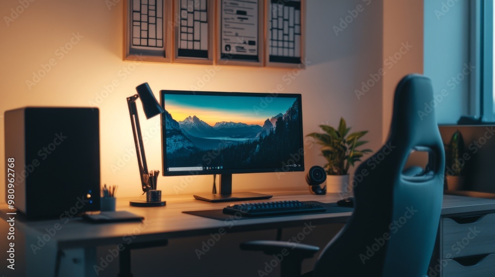 Poster a desk with an ergonomic chair, a neatly arranged monitor, and a few motivational quotes on the wall