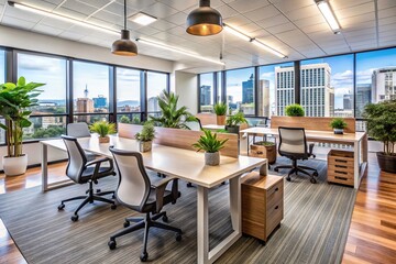 Rearranged office workspace featuring refurbished chairs, desks, and shelves, showcasing sustainable and