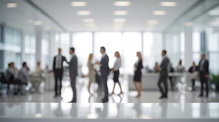 businesspeople in a blur in a background of white glass office