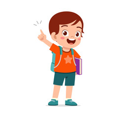 little kid showing pointing hand gesture and wearing backpack