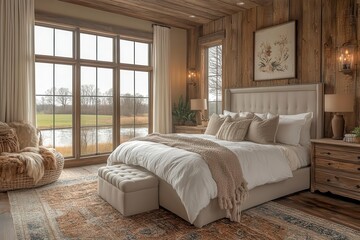rustic yet modern farmhouse bedroom exudes cozy charm with warm wood tones and minimalist decor large windows frame picturesque rural views blending indoors with nature