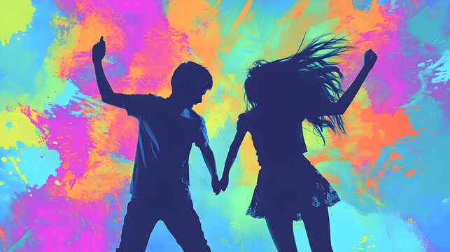 una pareja de ni&ntilde;os jovenes bailando y disfrutando su infancia sintiendo la musica y expresiones artisticas sobre un fondo pintado de colores 