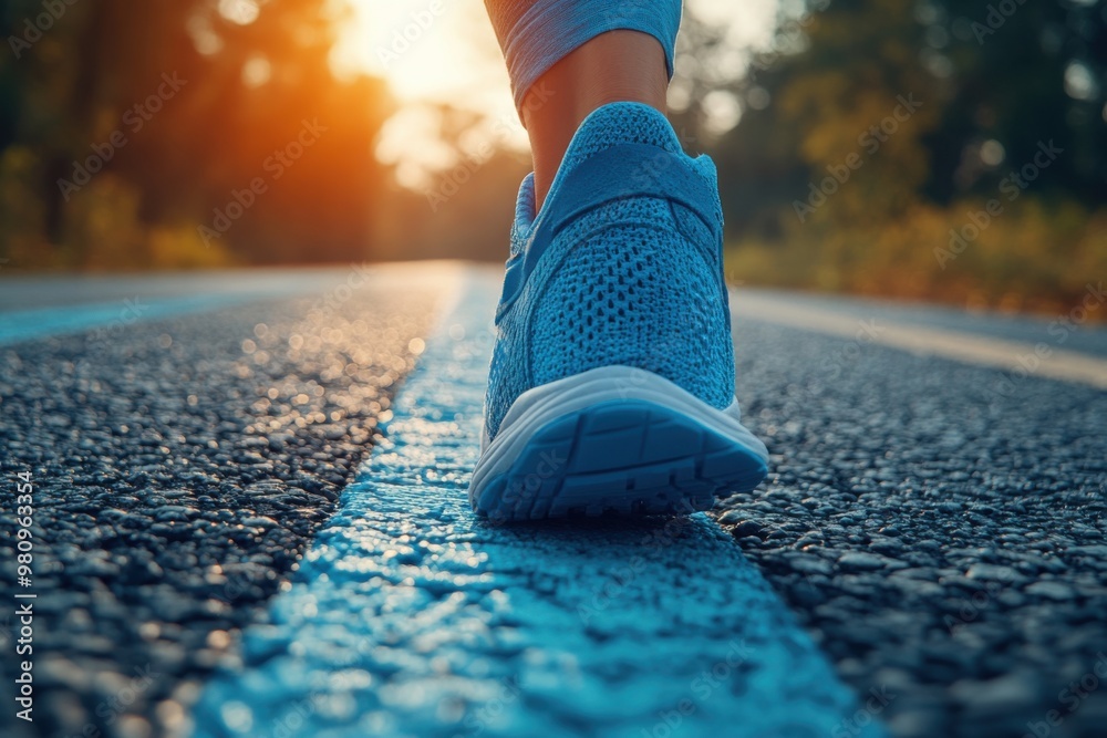 Wall mural close up on shoe, runner athlete feet running on road under sunlight in the morning