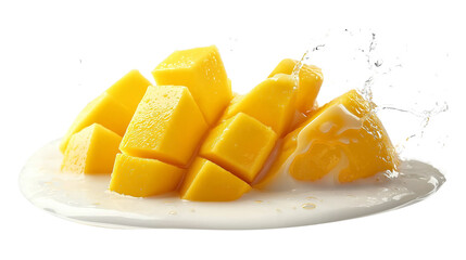 Fresh Mango Cubes in Milk Splash Isolated on Transparent Background.
