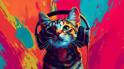 gato divertido escuchando musica en los audifonos auriculares relajandose y disfrutando sobre un fondo en colores brillantes color neon 