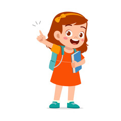 little kid showing pointing hand gesture and wearing backpack
