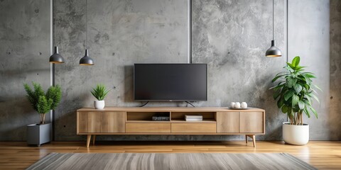 Modern bureau or tv console mockup in empty living room with concrete wall, rendering, mockup, modern