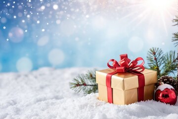 Beautiful  Christmas banner background. Christmas gift box on snow with copy space.