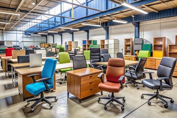 Refurbished office chairs, desks, and cabinets in a warehouse, showcasing a variety of second-hand furniture options
