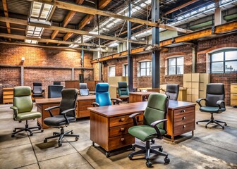 Refurbished office chairs, desks, and filing cabinets in a warehouse, ready for reuse, with a rustic industrial