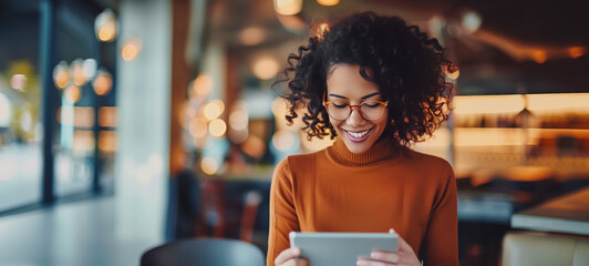Smiling african-american woman using a tablet in a cozy café setting