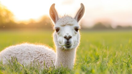 Fototapeta premium A happy llama chewing on grass with its ears perked up, bathed in warm sunlight, showing the joyful side of life in the rural outdoors.
