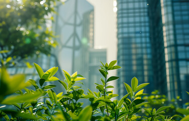 Obraz premium Green leaves with modern skyscrapers blurred in the background