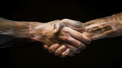 Fototapeta premium Artistic handshake with abstract overlay on dark background