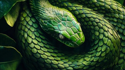 Fototapeta premium background of green tree snake coils, high detail